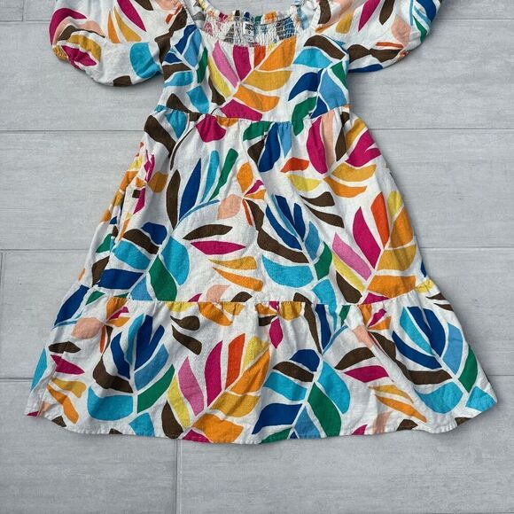 Tabitha Brown Small Multicolor Botanical Print Puff Sleeve Mini Dress Boho Linen - Picture 3 of 8